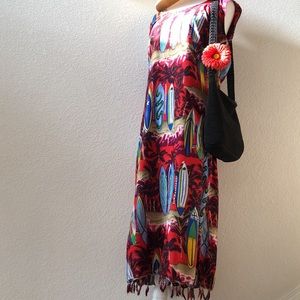 Magic Hawaiian Midi Dress with tropical Surfboard theme Fringed hem 2X EUC